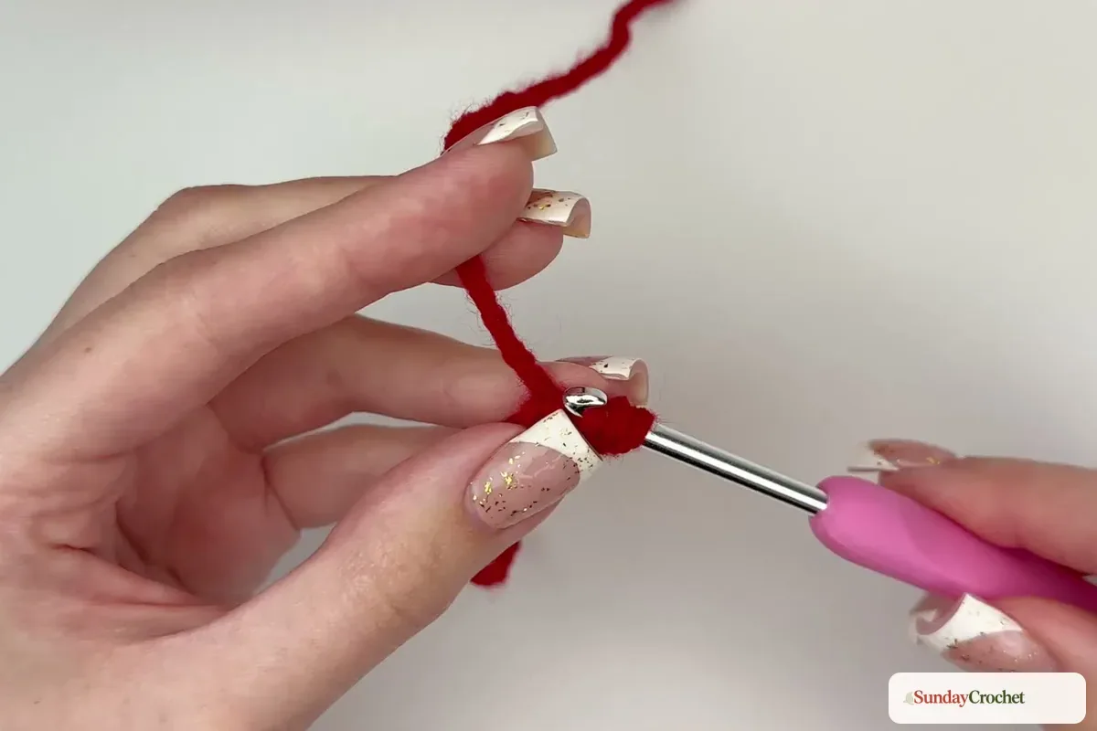 Six red half double crochets form the center of the mushroom cap