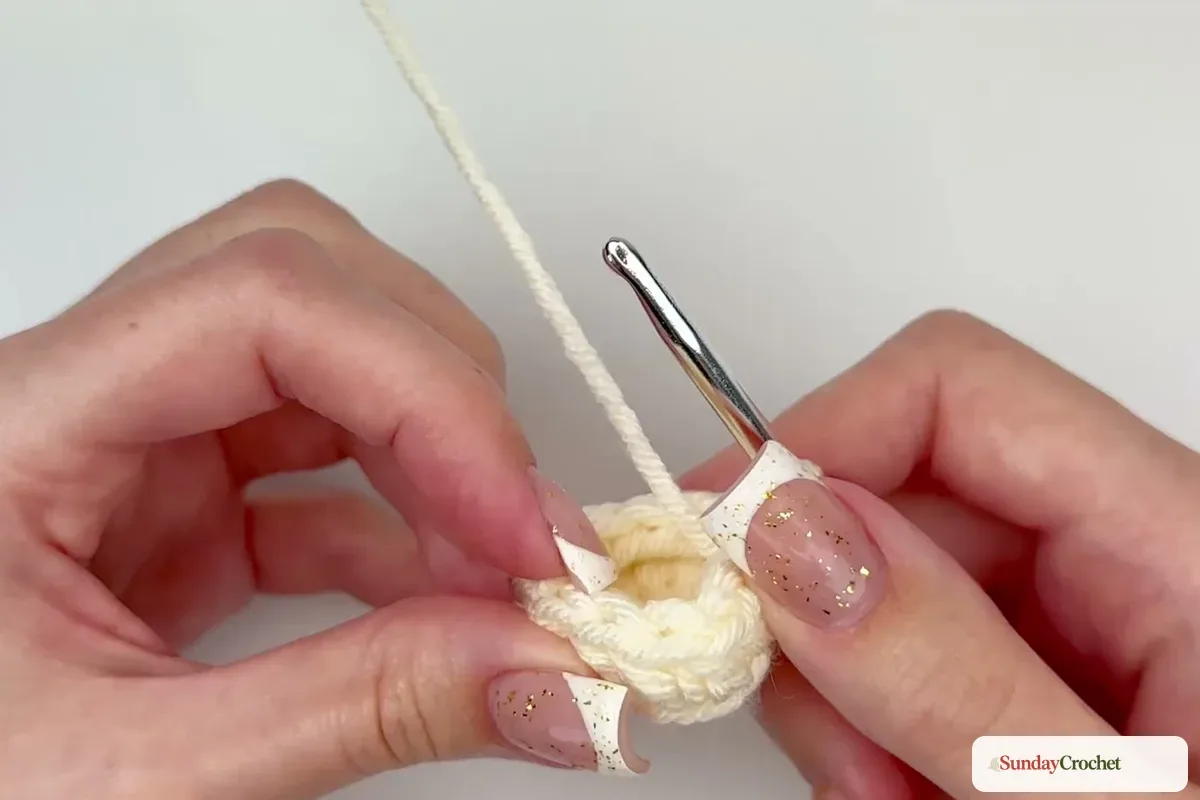 A half double crochet is worked through the back loop to turn the base upward into a pouch wall