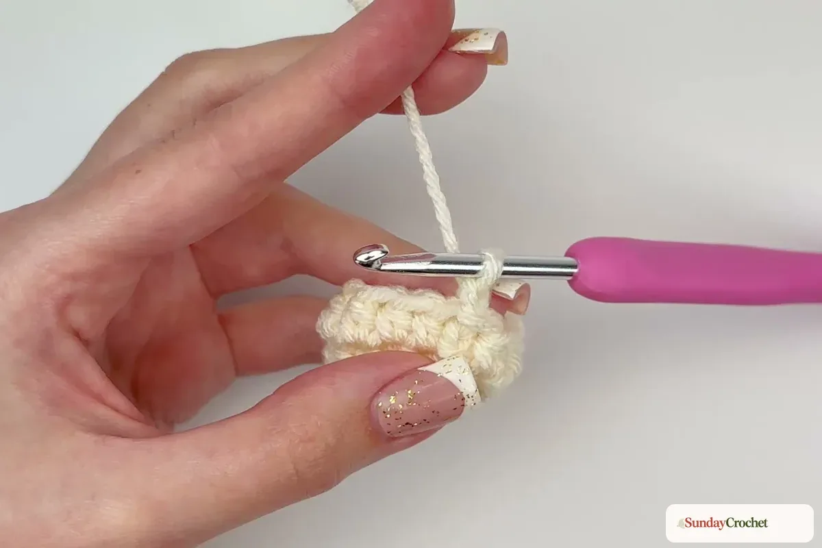 The cream pouch body is crocheted in joined rounds to the chosen height