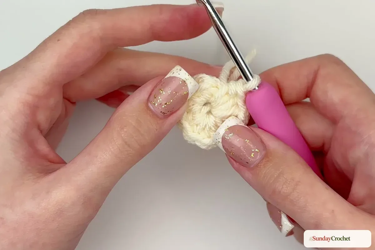 Twelve cream half double crochets are worked into the first chain to form the holder base
