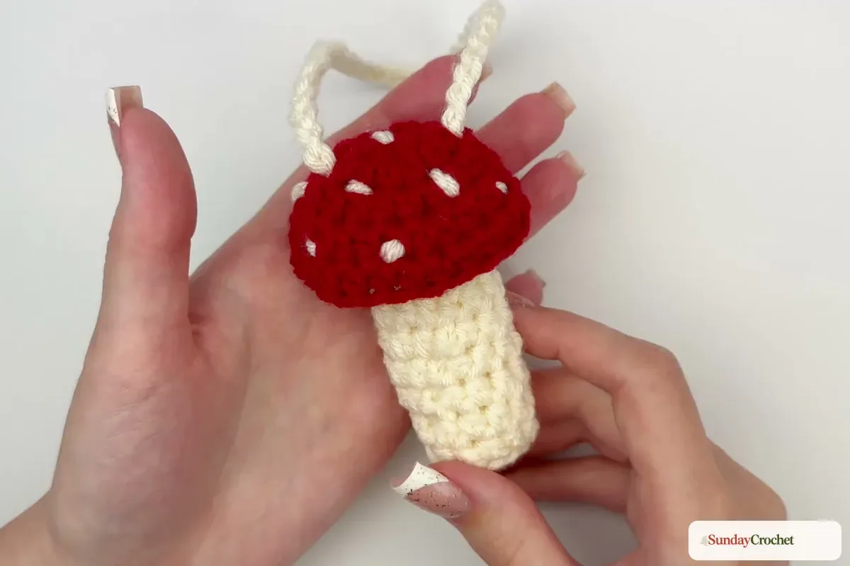 A finished spotted mushroom cap sits on a cream crochet lip balm sleeve with its chain tether looped above