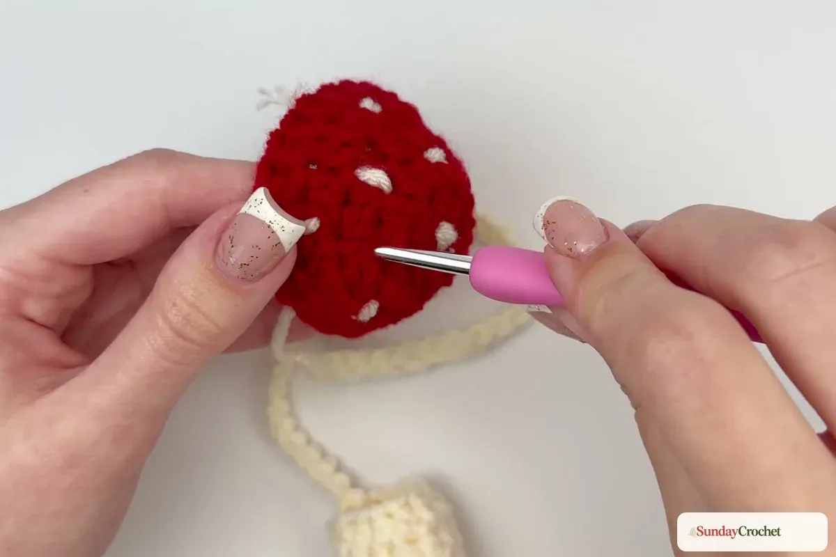 The chain tether is attached between the mushroom cap and cream holder body