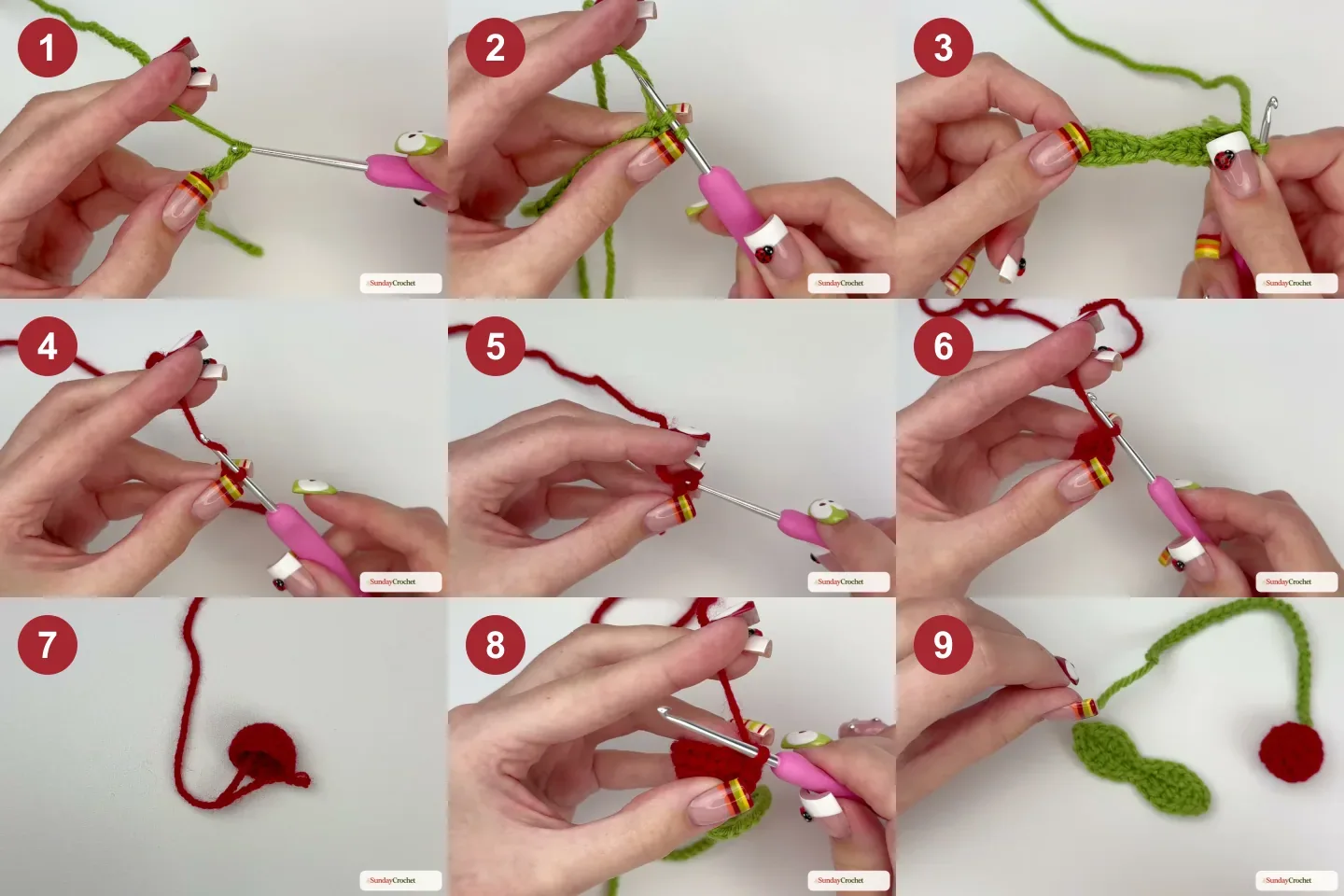 Nine numbered instructional frames show the green leaf foundation and shaping, red cherry rounds, stem attachment, closing, and assembly