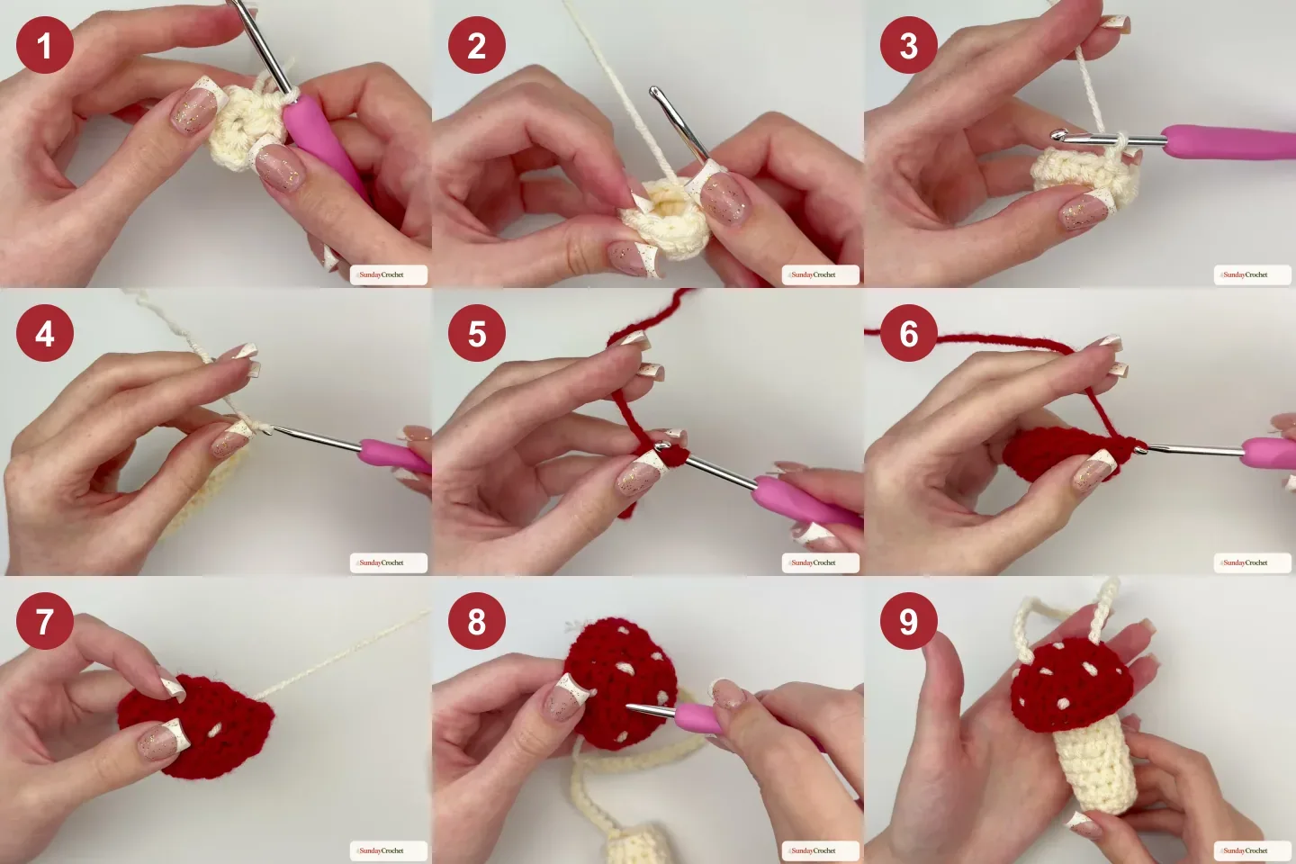 Nine numbered instructional screenshots show the cream holder base and sides, tether chain, red cap rounds, embroidered spots, and final assembly
