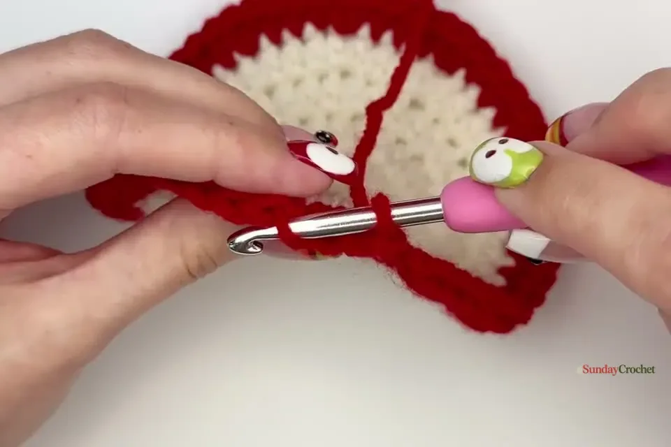A half double crochet is worked into the back loop to turn the apple circle into a dish