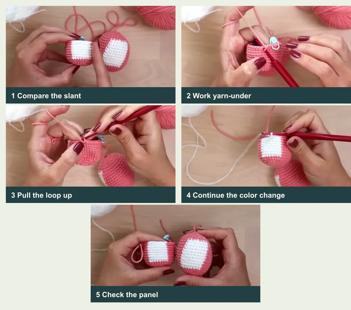Five numbered panels compare a spiral colorwork sample, a yarn-under stitch, an upward yarn pull, repeating the motion, and the resulting aligned panel.