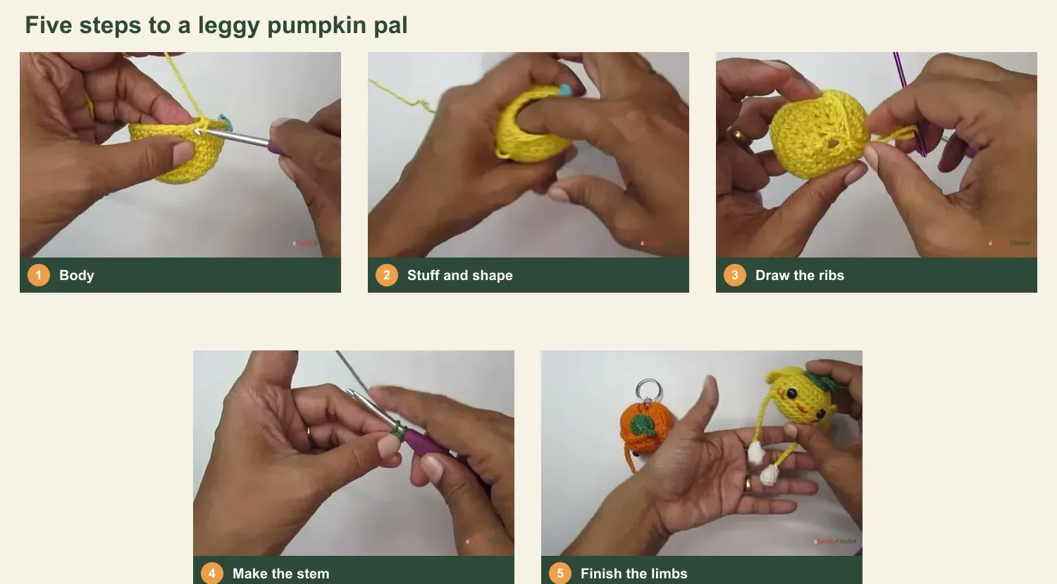 Five numbered panels show crocheting the pumpkin body, adding stuffing, drawing in the ribs, making the green stem, and finishing the limbs
