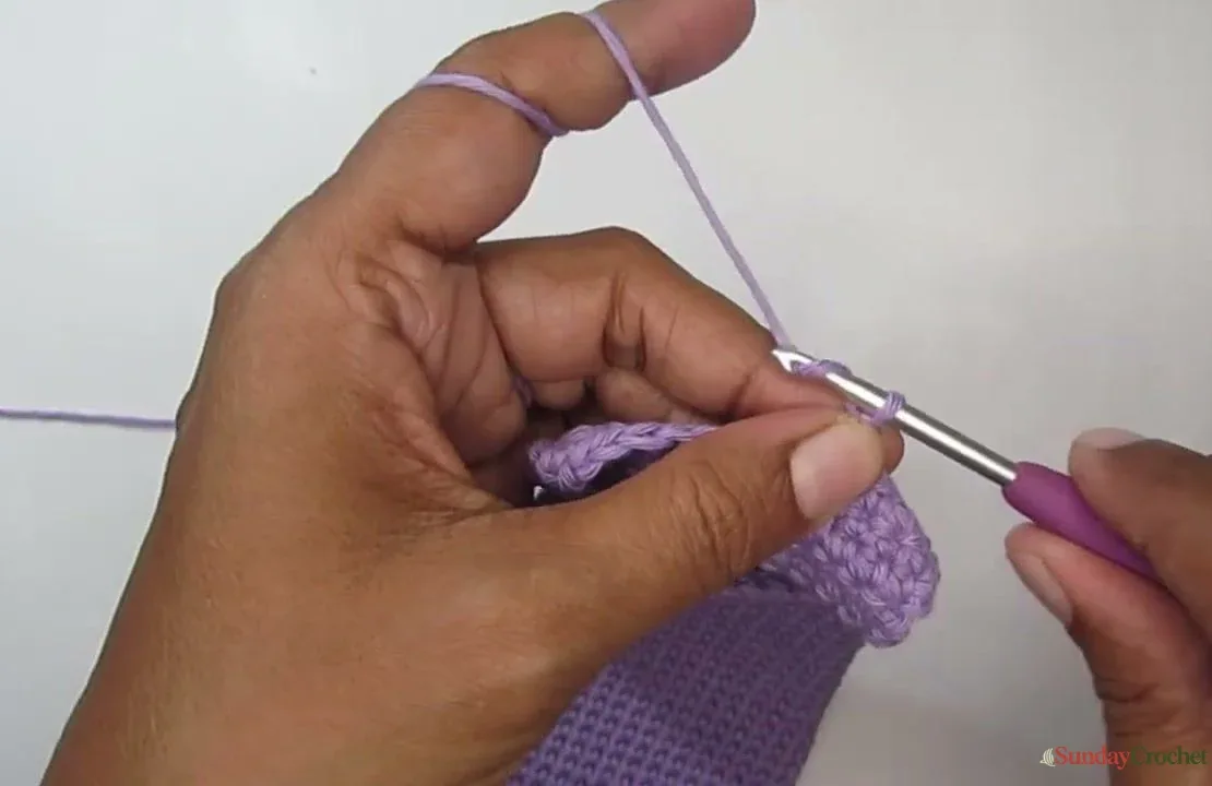 The crocheter works a chain-space buttonhole into a row of the pouch flap