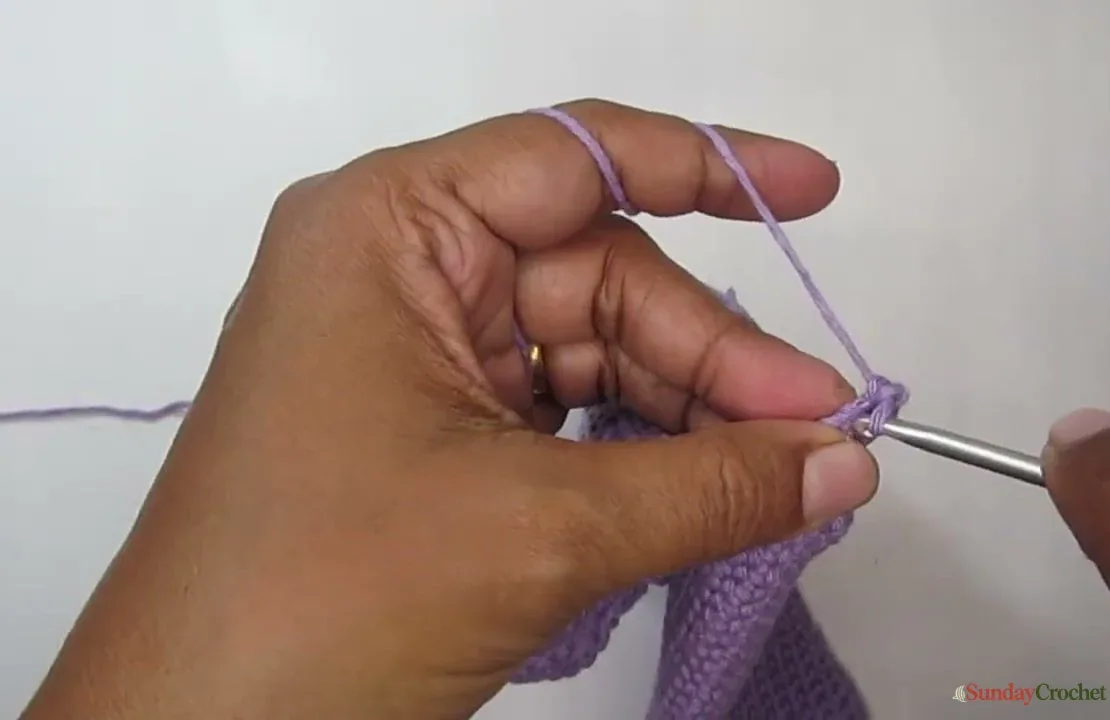 A narrow two-stitch crochet strap is worked back and forth from the side of the pouch