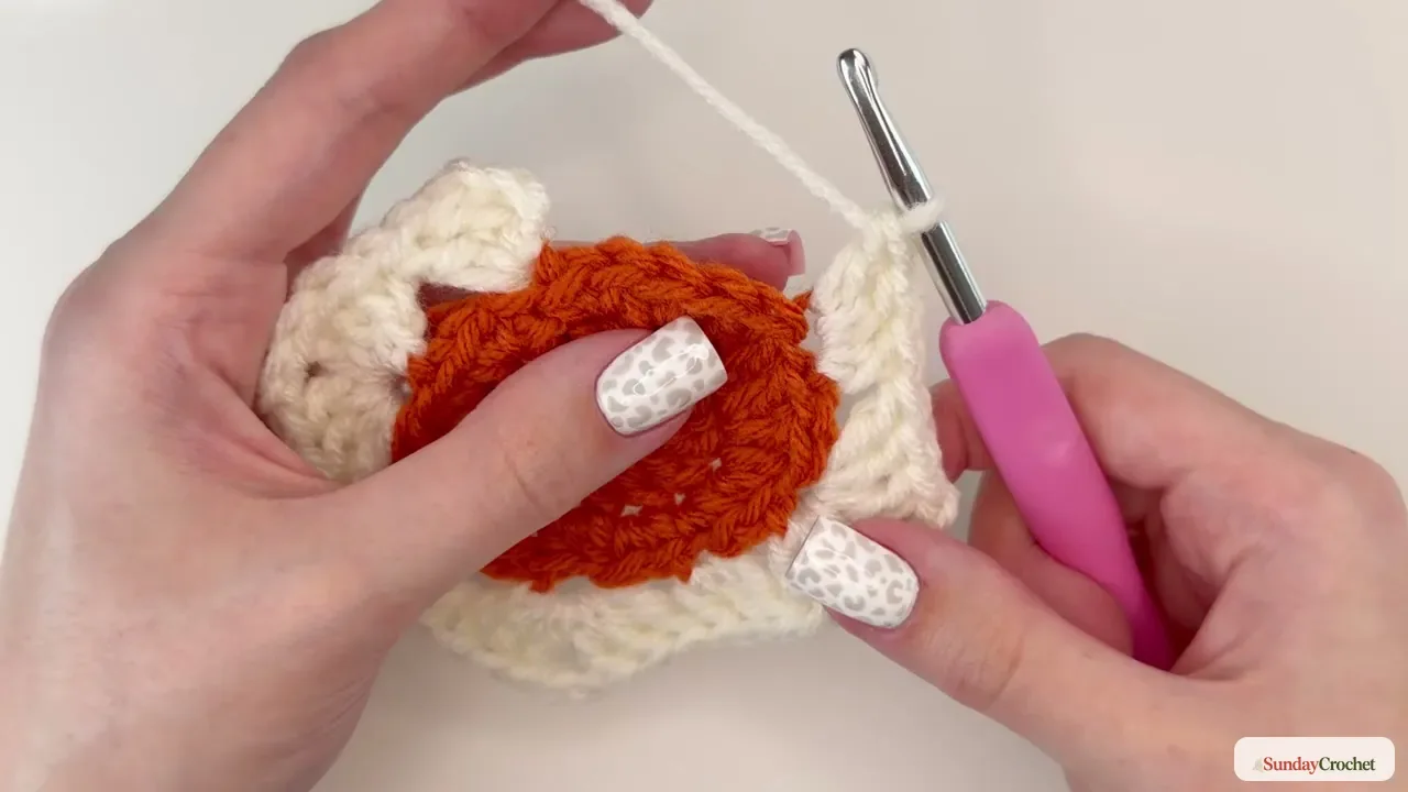 Raised cream crochet clusters forming the ring around the pumpkin center