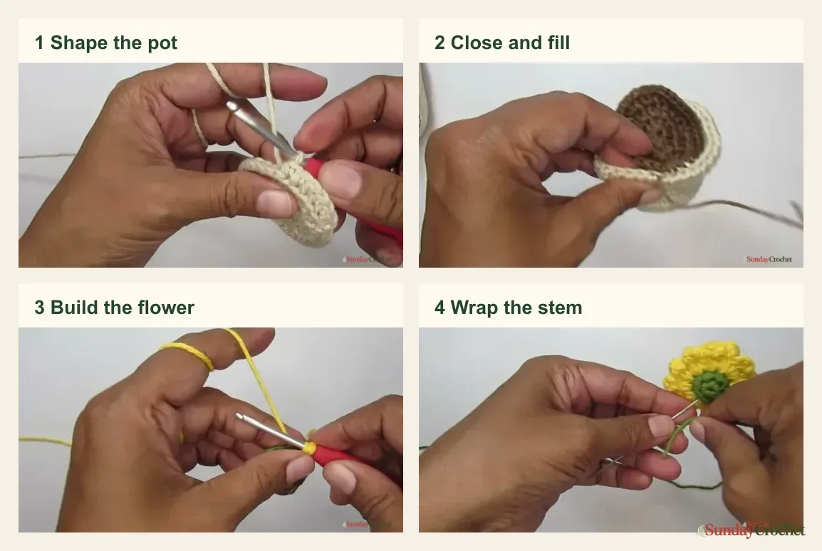 Four numbered panels show shaping the cream pot, closing and filling it, building the flower, and wrapping the stem.