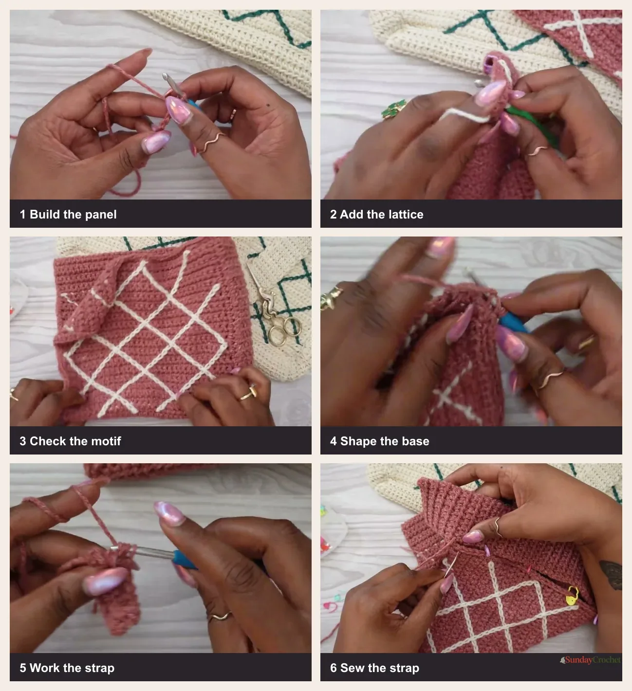 Six image overview showing a tote panel, lattice stitches, thermal base, strap, and strap seaming