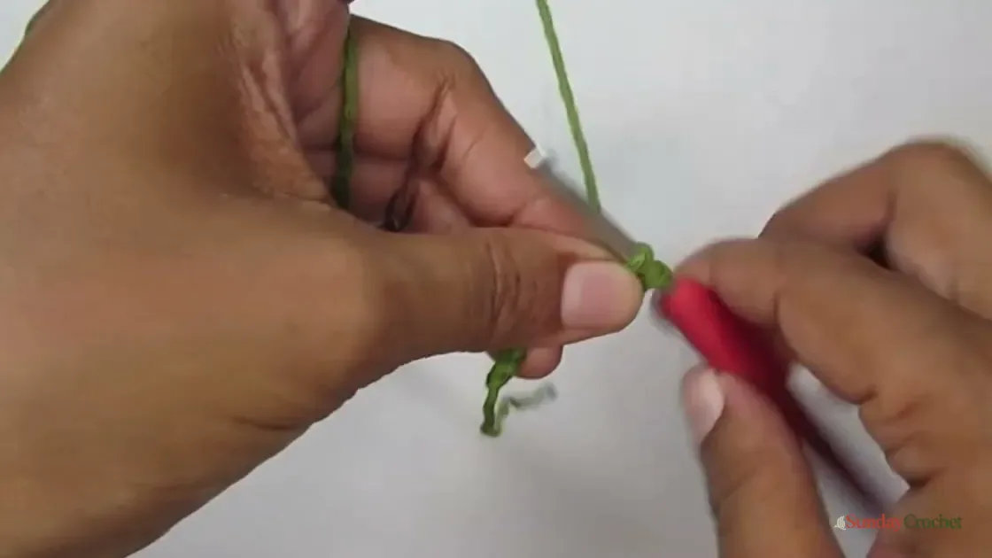 A thin wire is held alongside green yarn as the first stitches of a crochet leaf are worked.