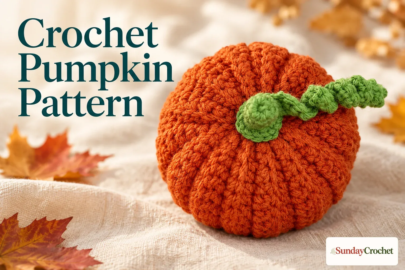 Rust-orange crochet pumpkin with raised ribs, a green stem, and curly vine