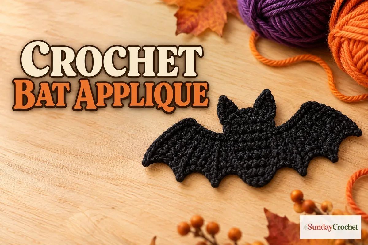 Flat purple crochet bat applique with pointed ears and wide shaped wings