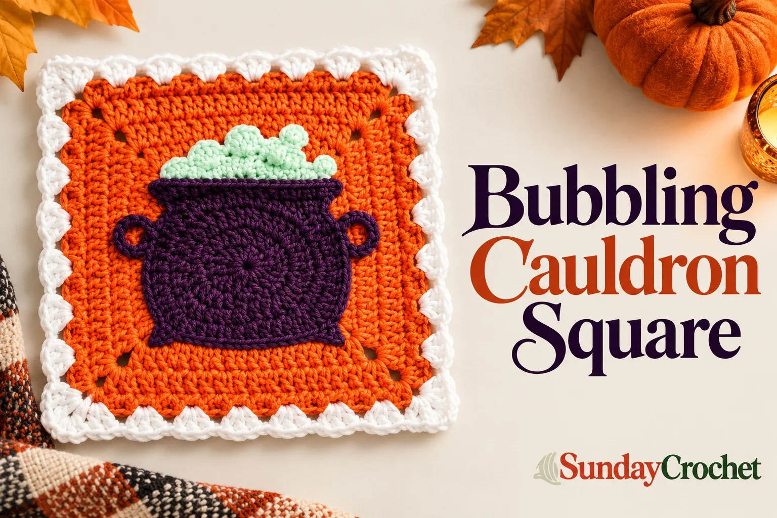 Purple crochet cauldron with mint-green bubbles inside an orange granny square