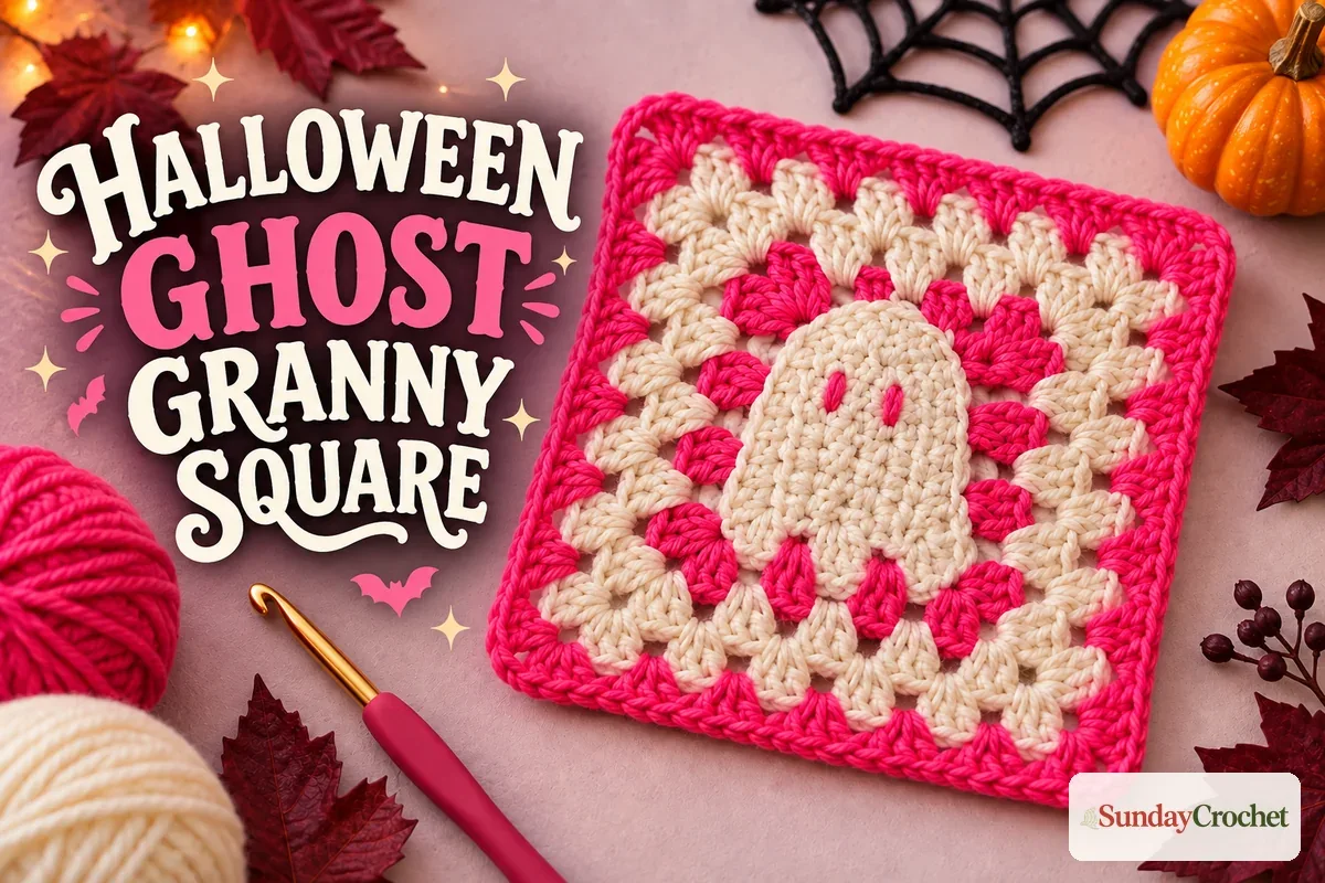 Cream crochet ghost centered inside a pink and cream granny square