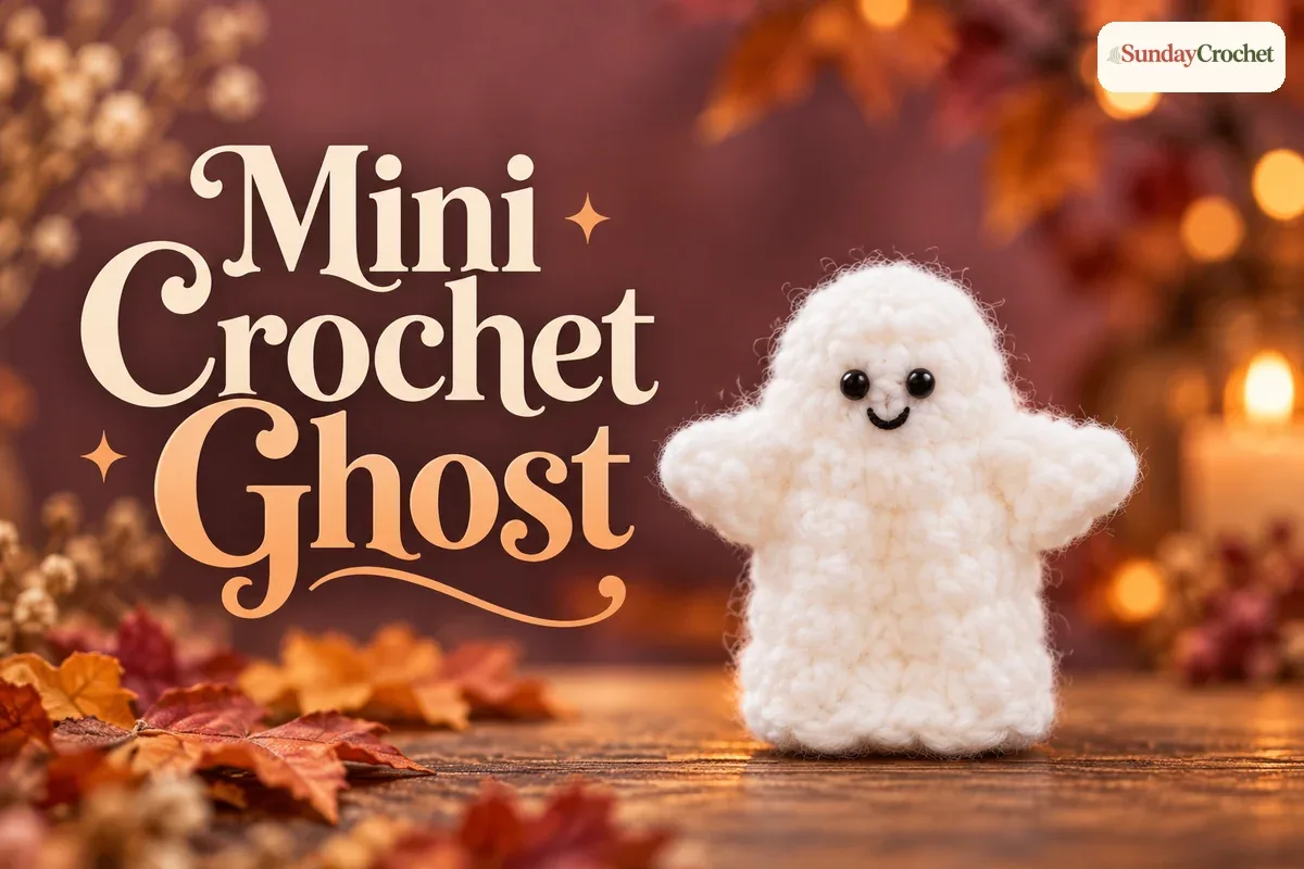 Small white crochet ghost with a rounded body and flared lower edge, made as a Halloween lollipop cover