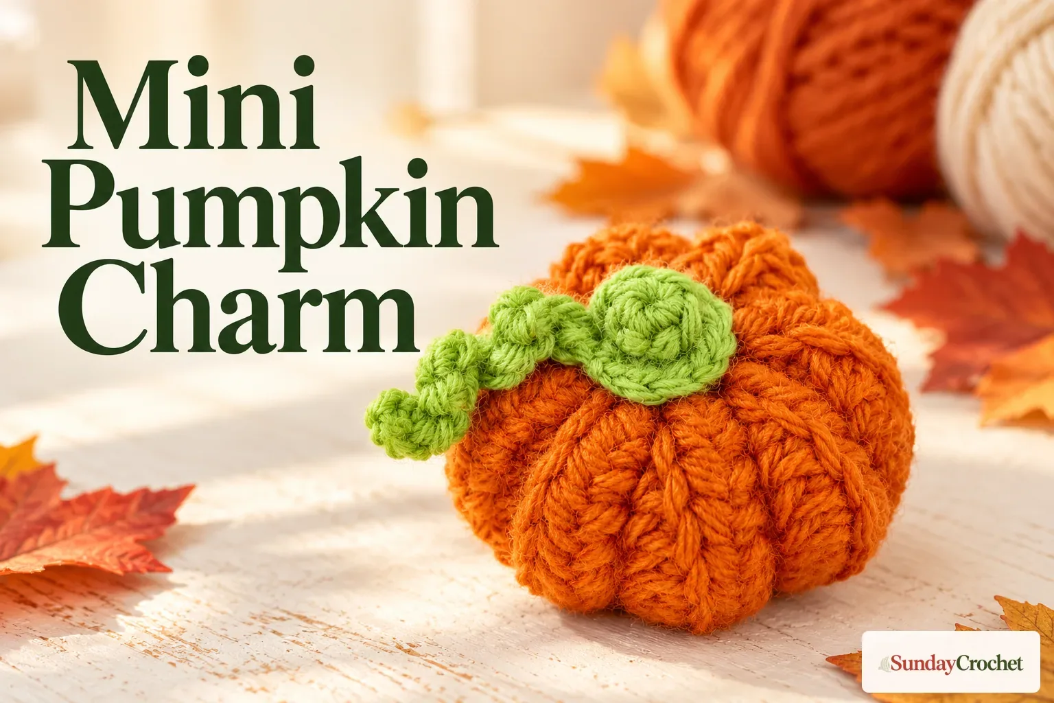 Tiny orange crochet pumpkin with a green stem and curled vine