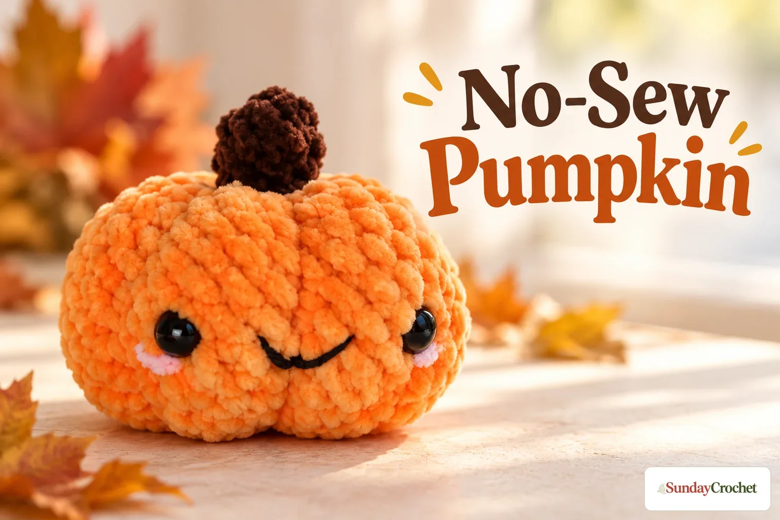 Small plush orange crochet pumpkin with a brown stem and six shaped ribs