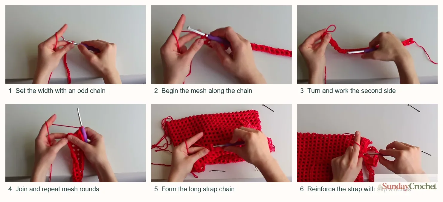 Six numbered photos show the mesh bag foundation, first mesh row, opposite side, joined rounds, strap chain, and reinforcing slip stitches