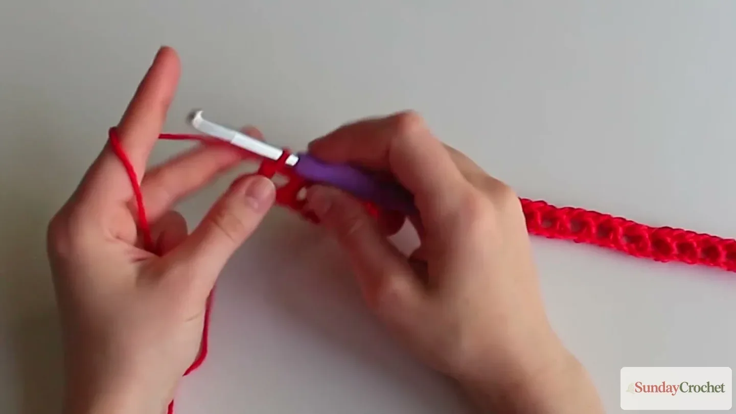 A double crochet is worked into the foundation chain to form the first mesh row