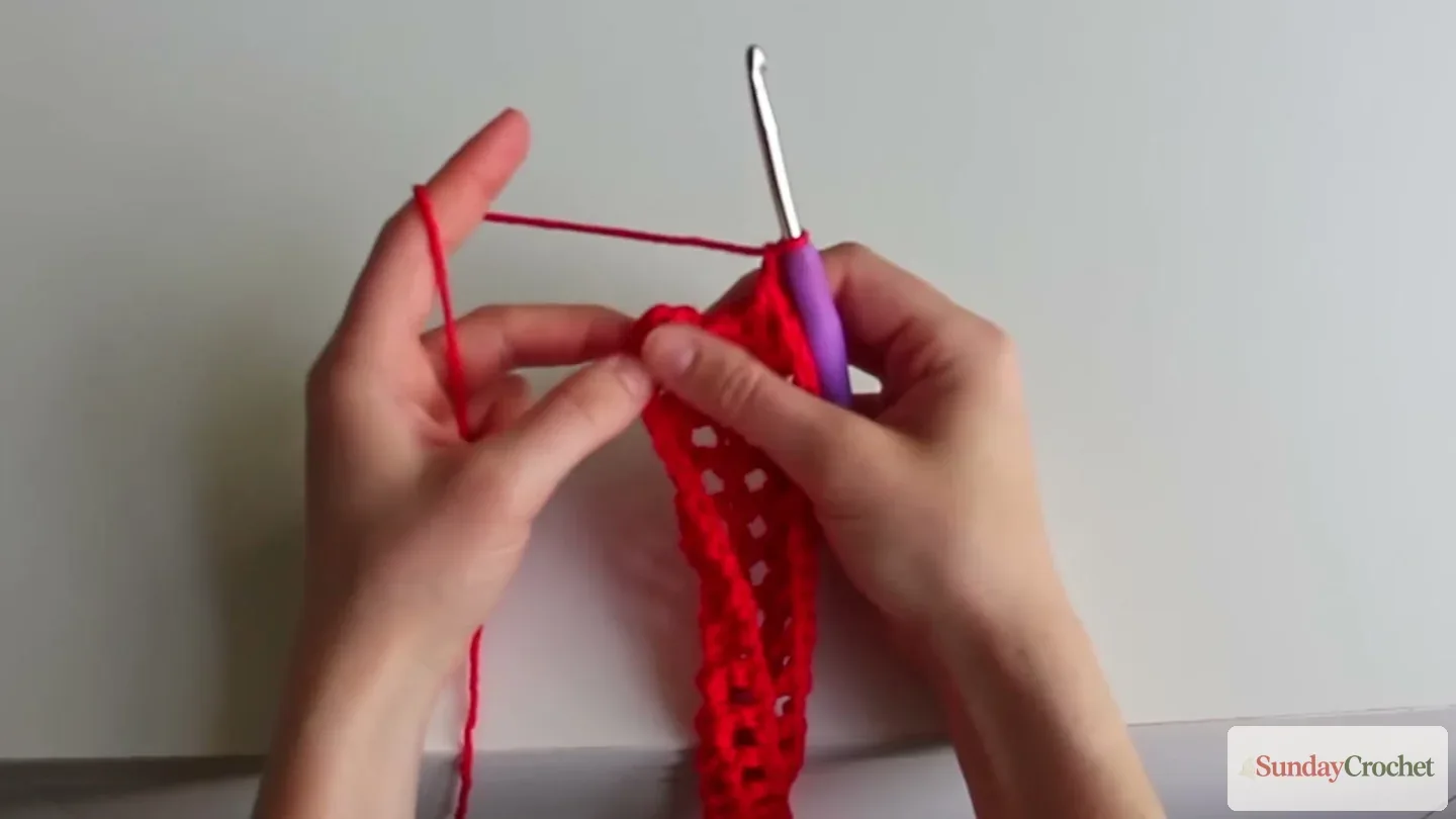 The hook joins a mesh round to the beginning chain with a slip stitch