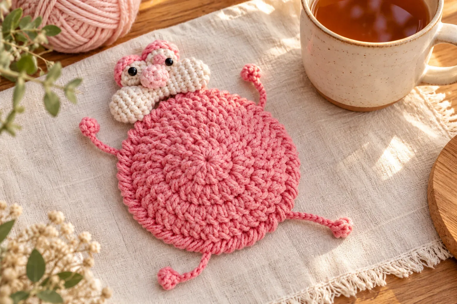 A handmade pink crochet coaster with a playful face, photographed on a soft linen surface