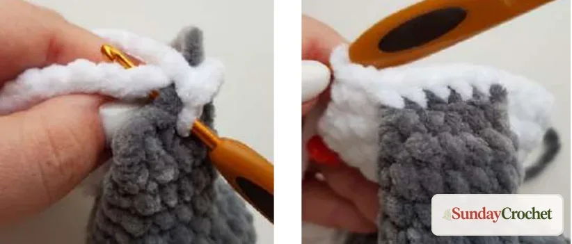 The first body round crocheted through a leg to attach it to the panda body