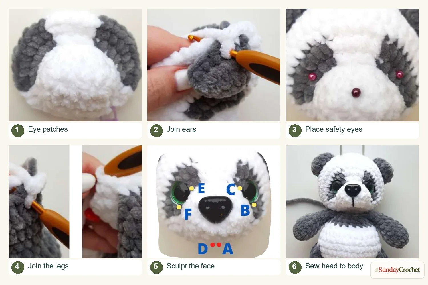 Six numbered panda crochet progress panels showing eye patches, joined ears, eye placement, leg joining, face sculpting, and head assembly