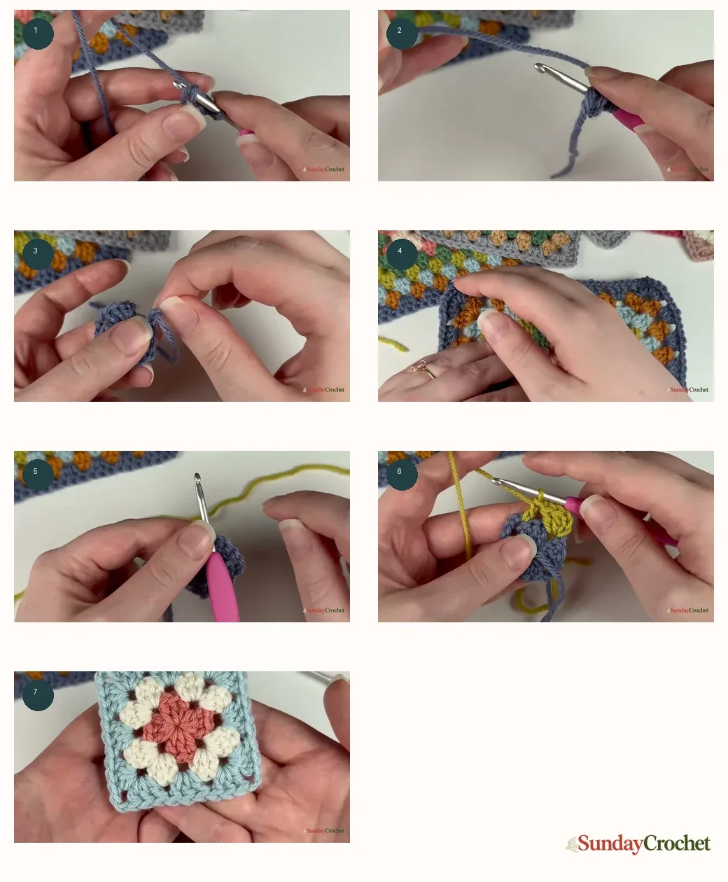 Seven numbered progress photos show the chain ring, covered starting tail, invisible join, turning, corner starts, two-chain corners, and blocking