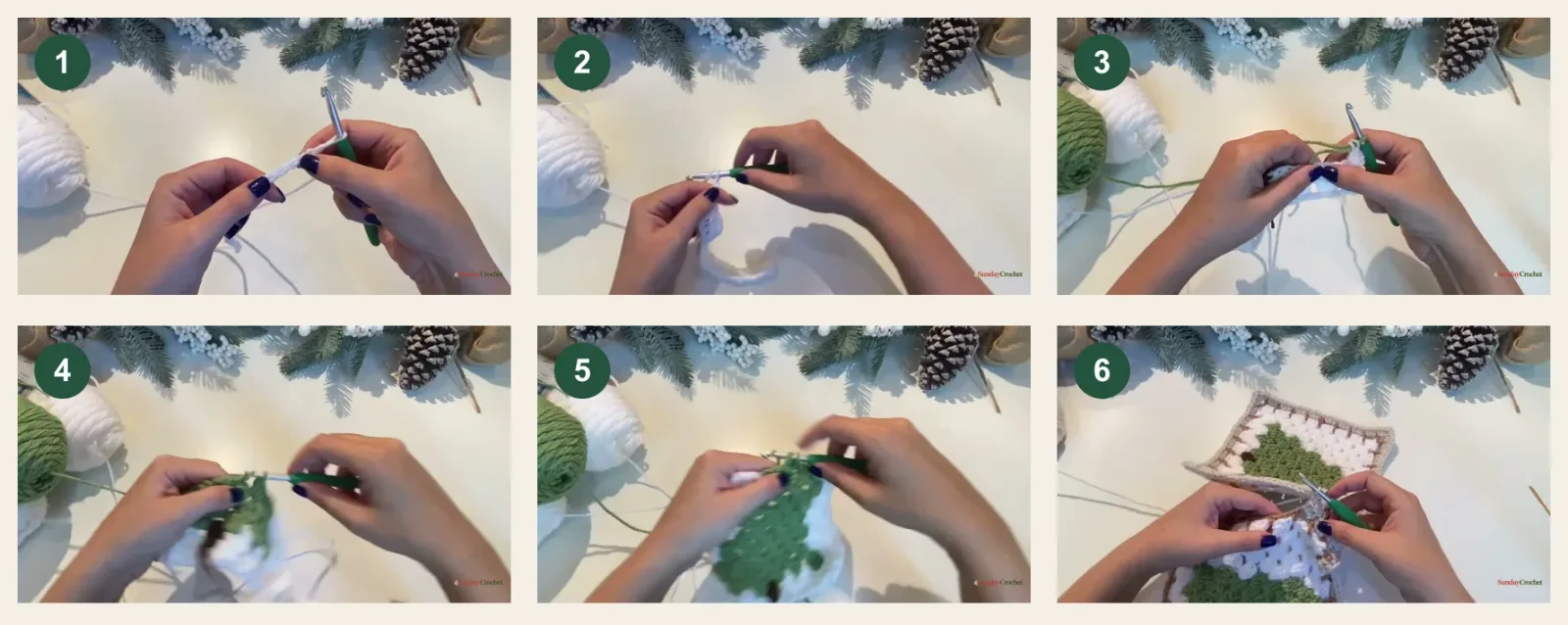 Six numbered tutorial stills show the foundation chain, first row, green color change, tree shaping, background rows, and join-as-you-go seam