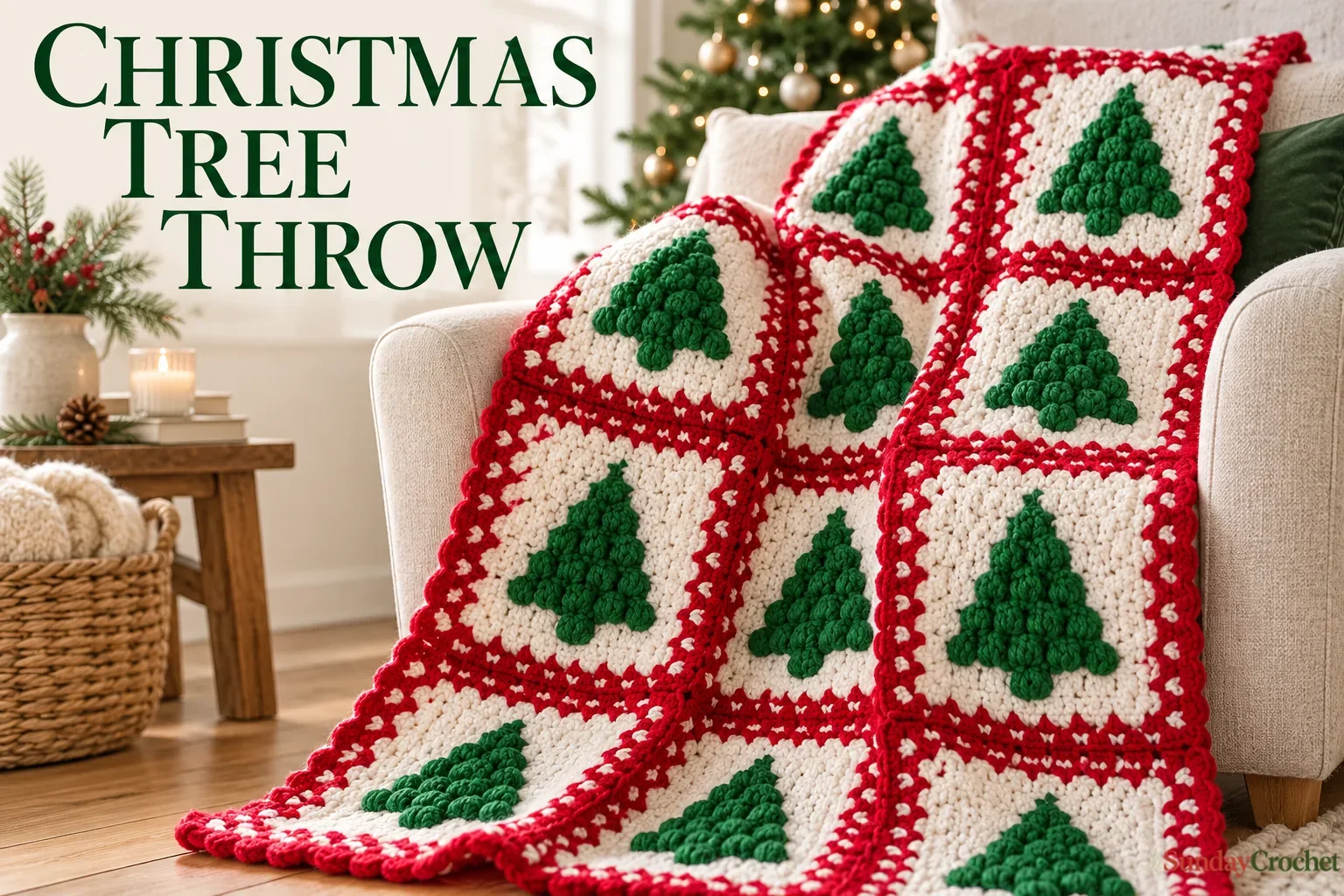 Vintage-style crochet Christmas tree throw draped over an oatmeal chair, made of cream squares with raised green trees and red edging, with the integrated title Christmas Tree Throw