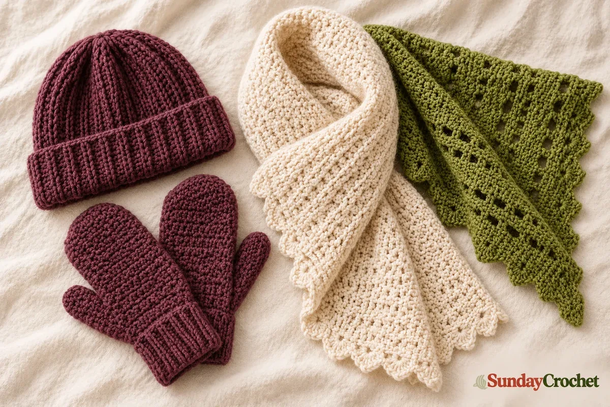 Plum crochet beanie and mittens, cream scalloped scarf, and olive triangle shawl arranged on ivory linen