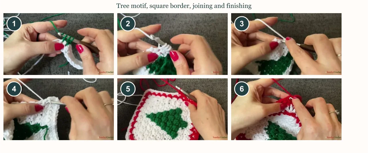 Six numbered tutorial stills show the green puff stitch, tree shaping, square border, red chain edging, raised crochet join, and blanket finishing