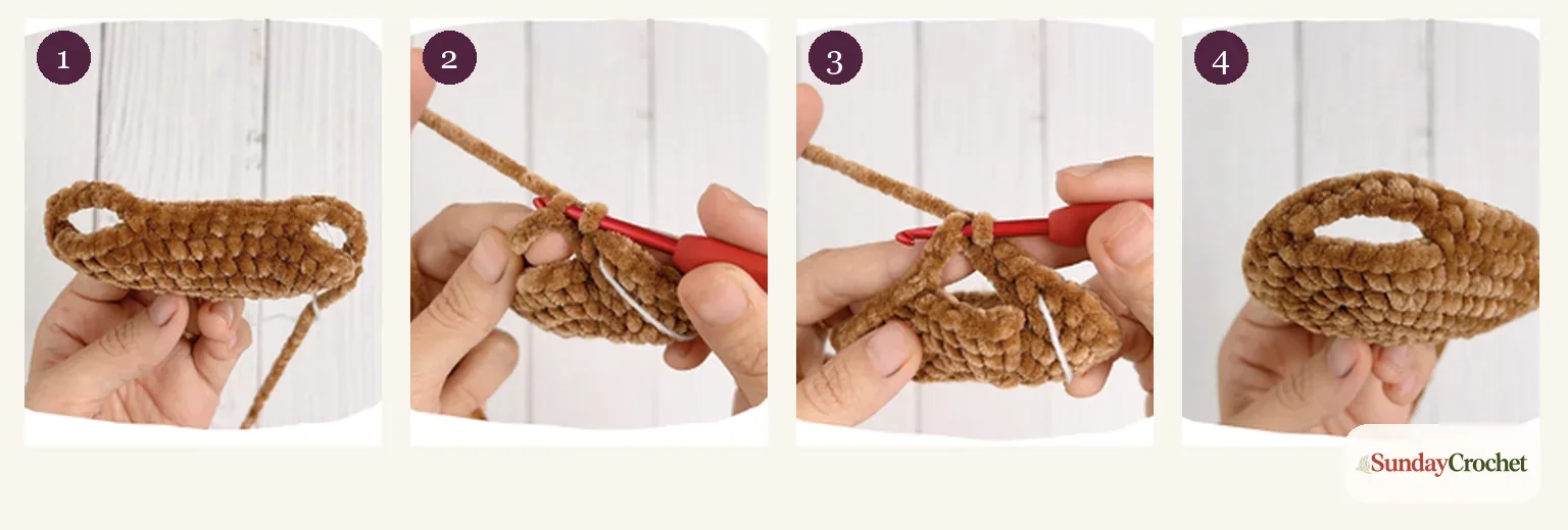 Three progress views of the oval red panda body, including the paired openings for the back paws
