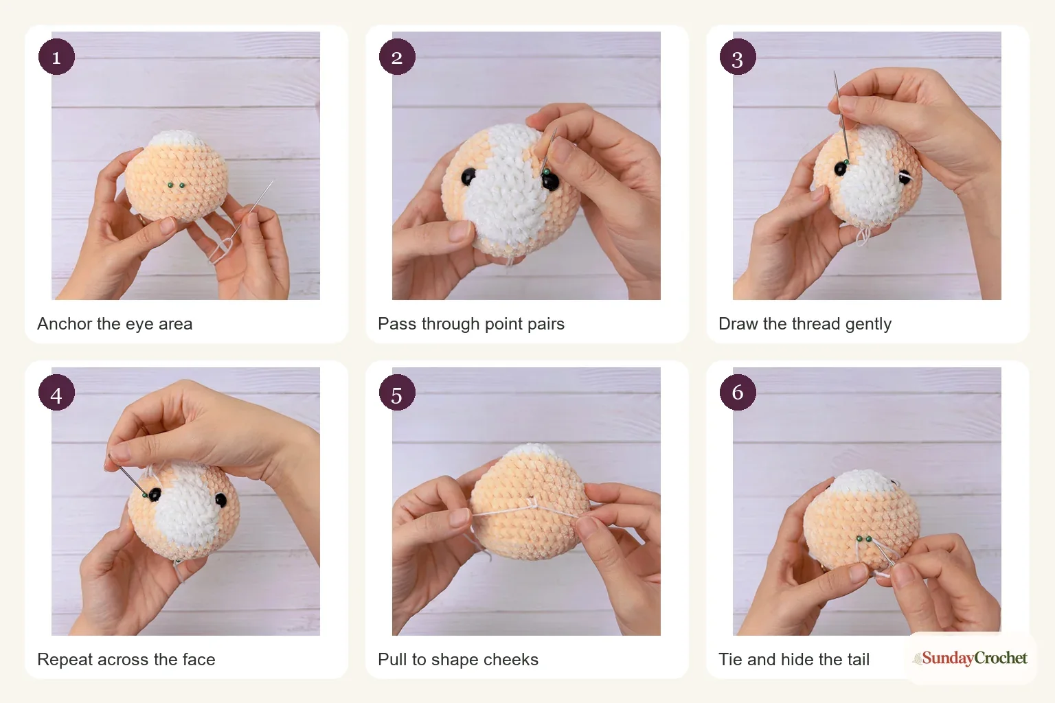 Three-step close-up showing how to sculpt the red panda face with a yarn needle
