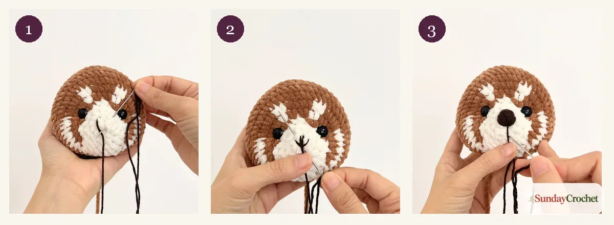 Close-up sequence showing the small embroidered nose and its finishing thread path