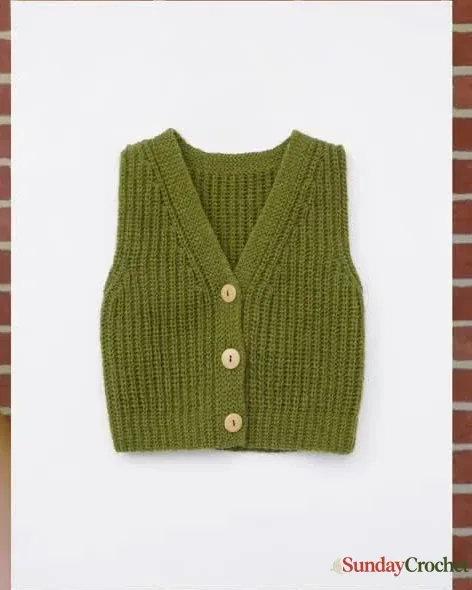 Olive ribbed crochet vest with a V-neck and wooden buttons photographed flat against a light background