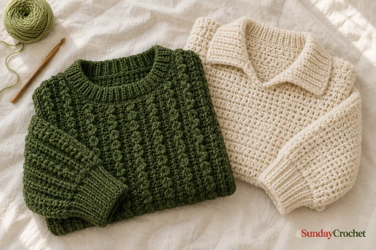 Forest-green textured crochet pullover and cream chunky crochet sweater folded side by side on ivory linen