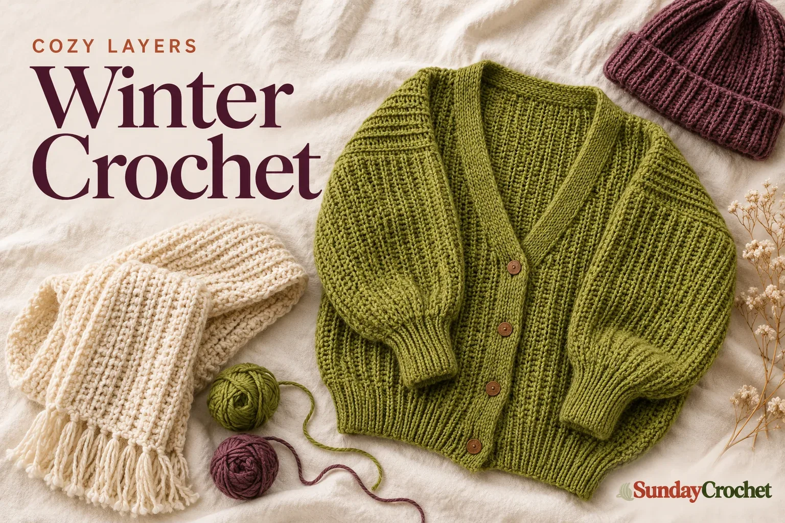 Olive crochet cardigan, cream scarf, plum beanie, and yarn arranged on ivory linen beneath the integrated title Winter Crochet